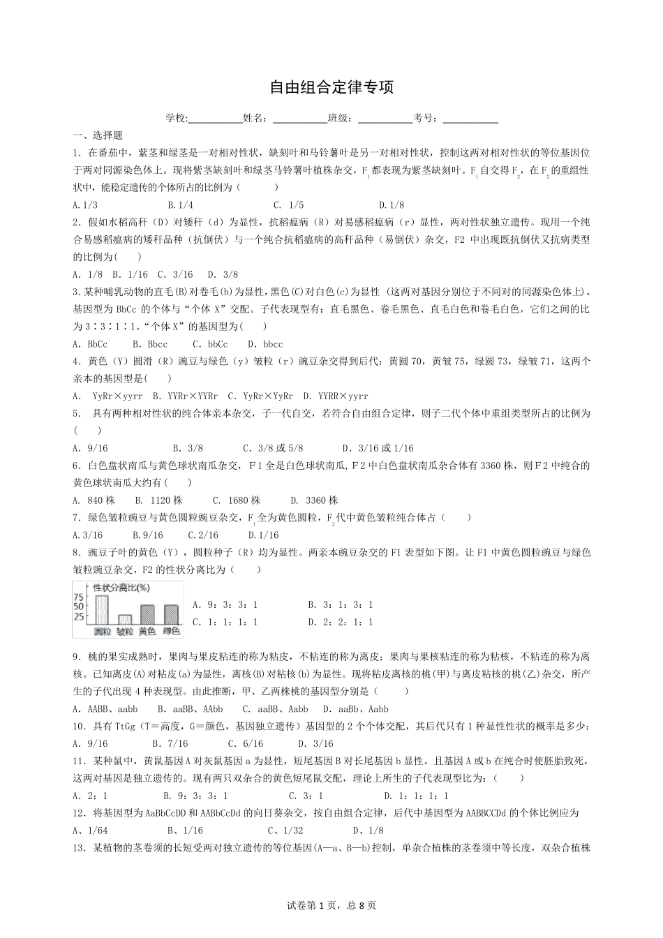 自由组合定律练习题_第1页