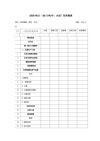 万吨水泥厂投资概算