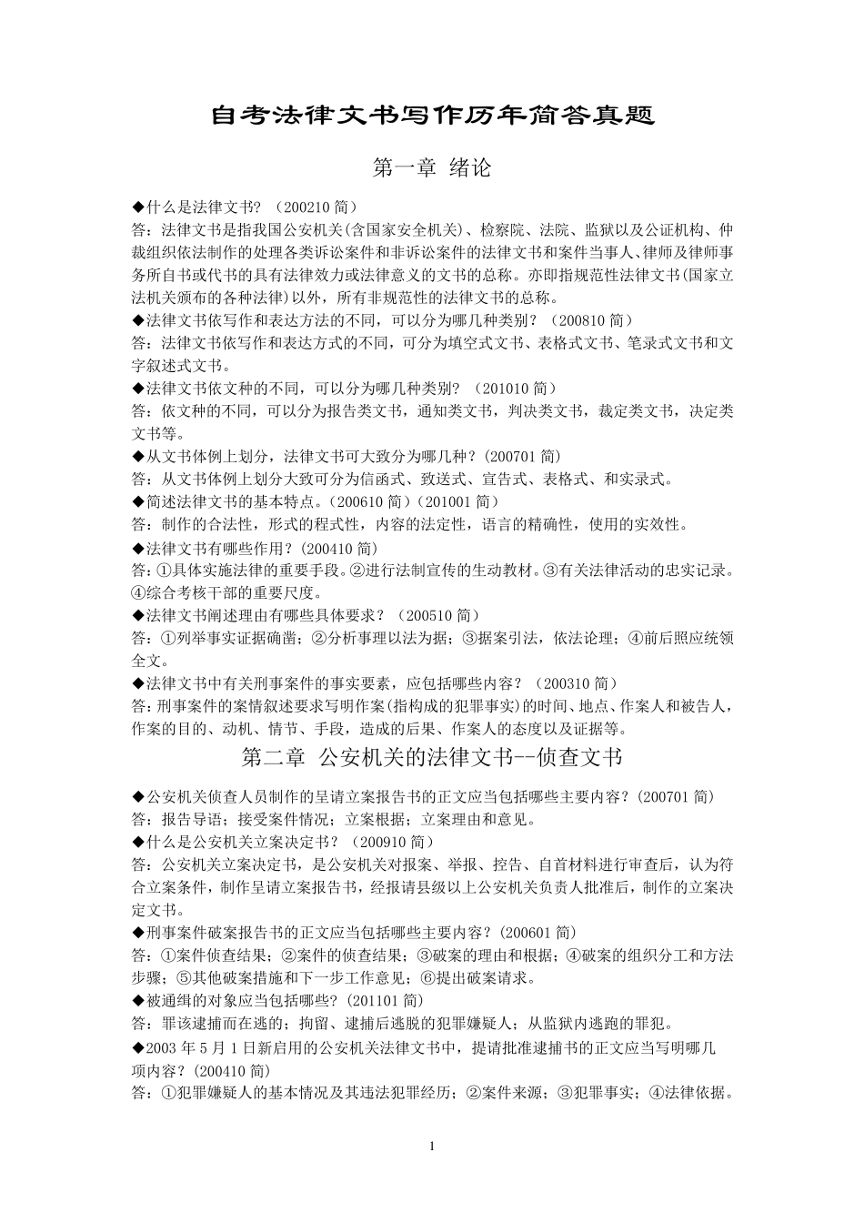 自考法律文书写作历年简答真题_第1页
