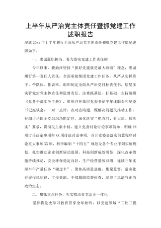 上半年从严治党主体责任暨抓党建工作述职报告