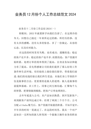 业务员12月份个人工作总结范文2024