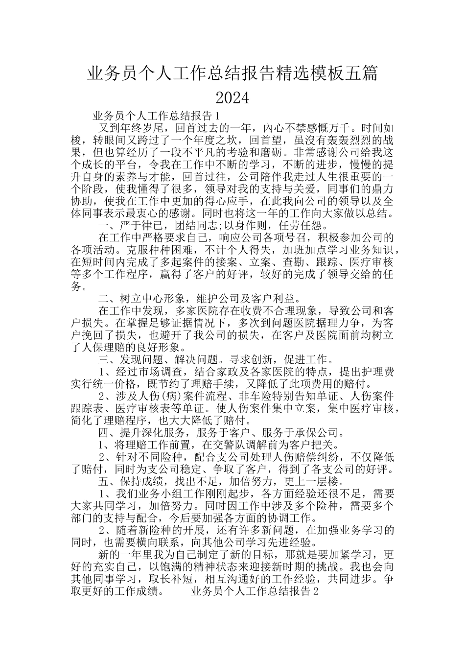 业务员个人工作总结报告精选模板五篇2024_第1页