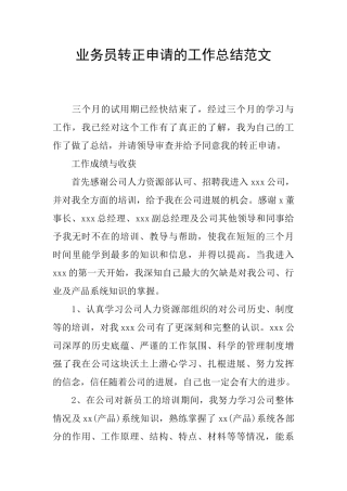 业务员转正申请的工作总结范文