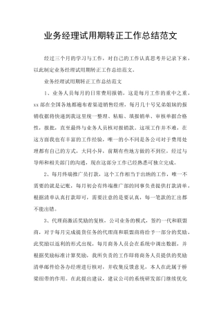业务经理试用期转正工作总结范文