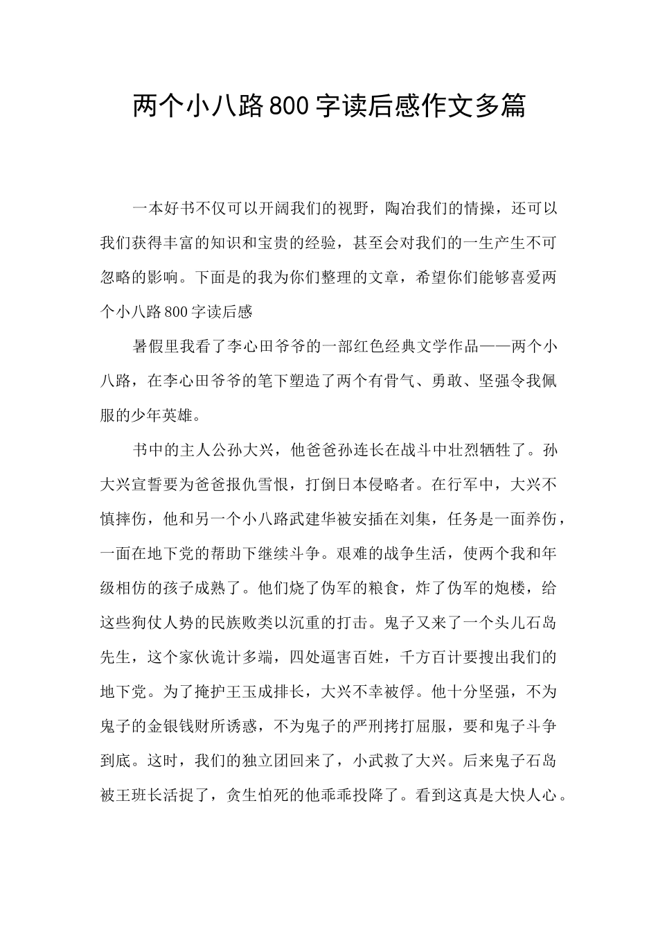 两个小八路800字读后感作文多篇_第1页
