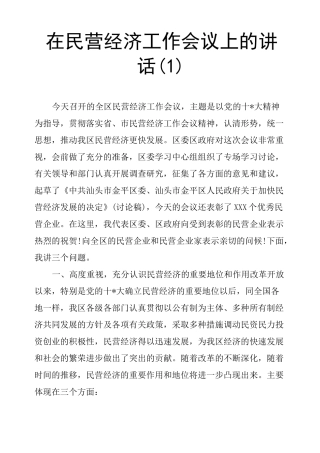 在民营经济工作会议上的讲话