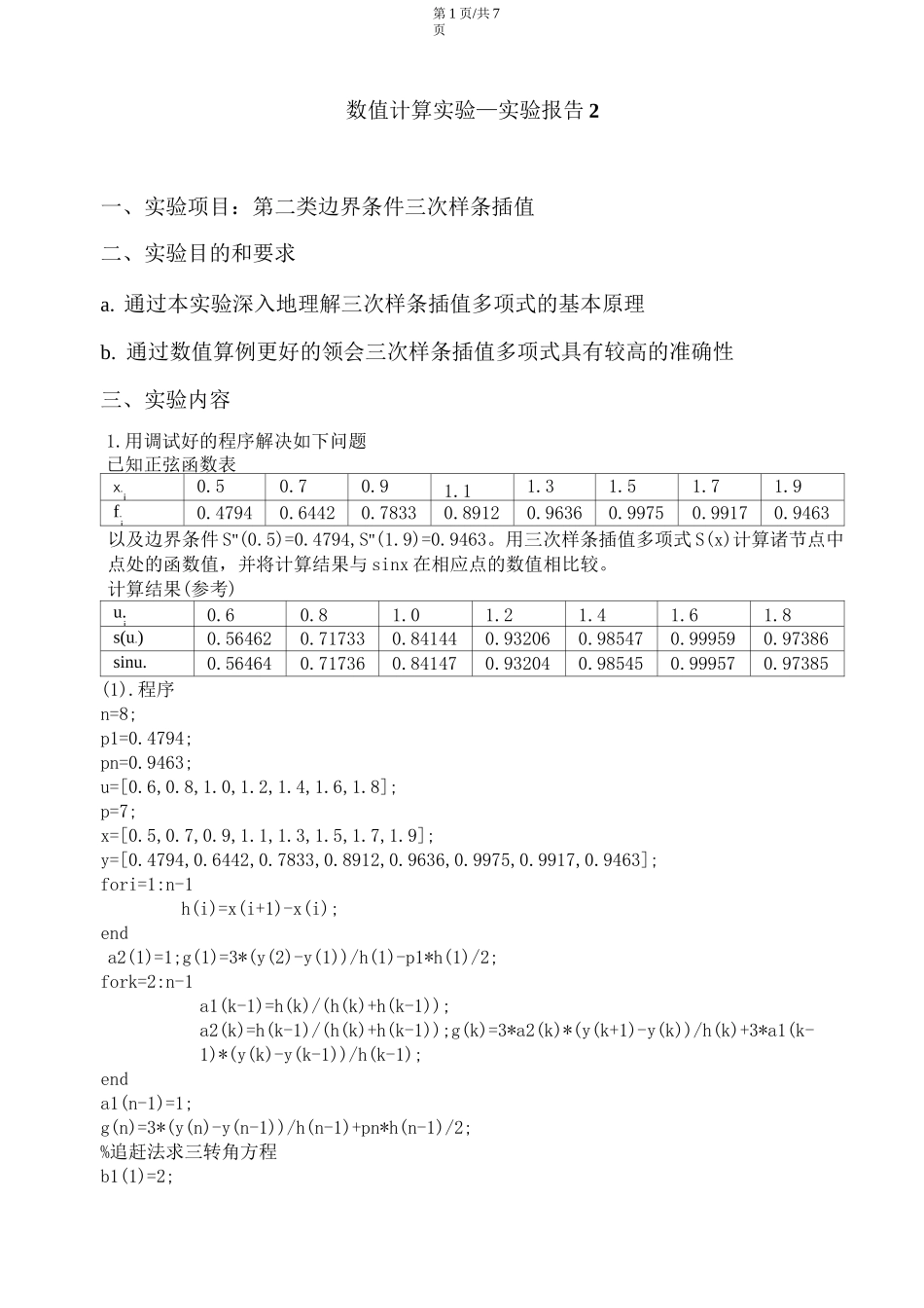 第二类边界条件三次样条插值实验报告_第1页