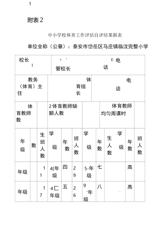 中小学校体育工作评估自评结果报标准表格