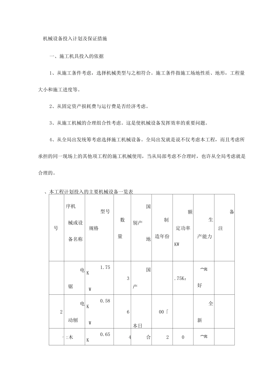 机械设备投入计划及保证措施_第1页