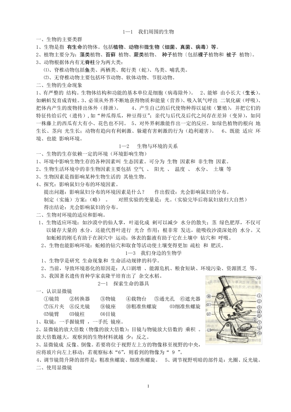 苏教版七年级上册生物复习提纲_第1页