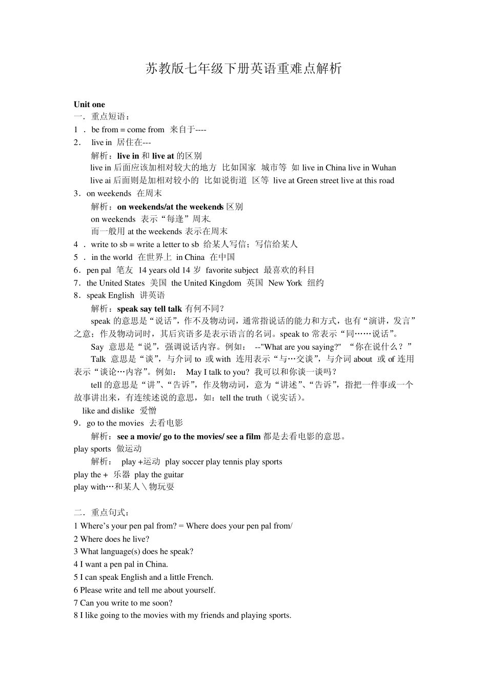 苏教版七年级下册英语重难点解析_第1页