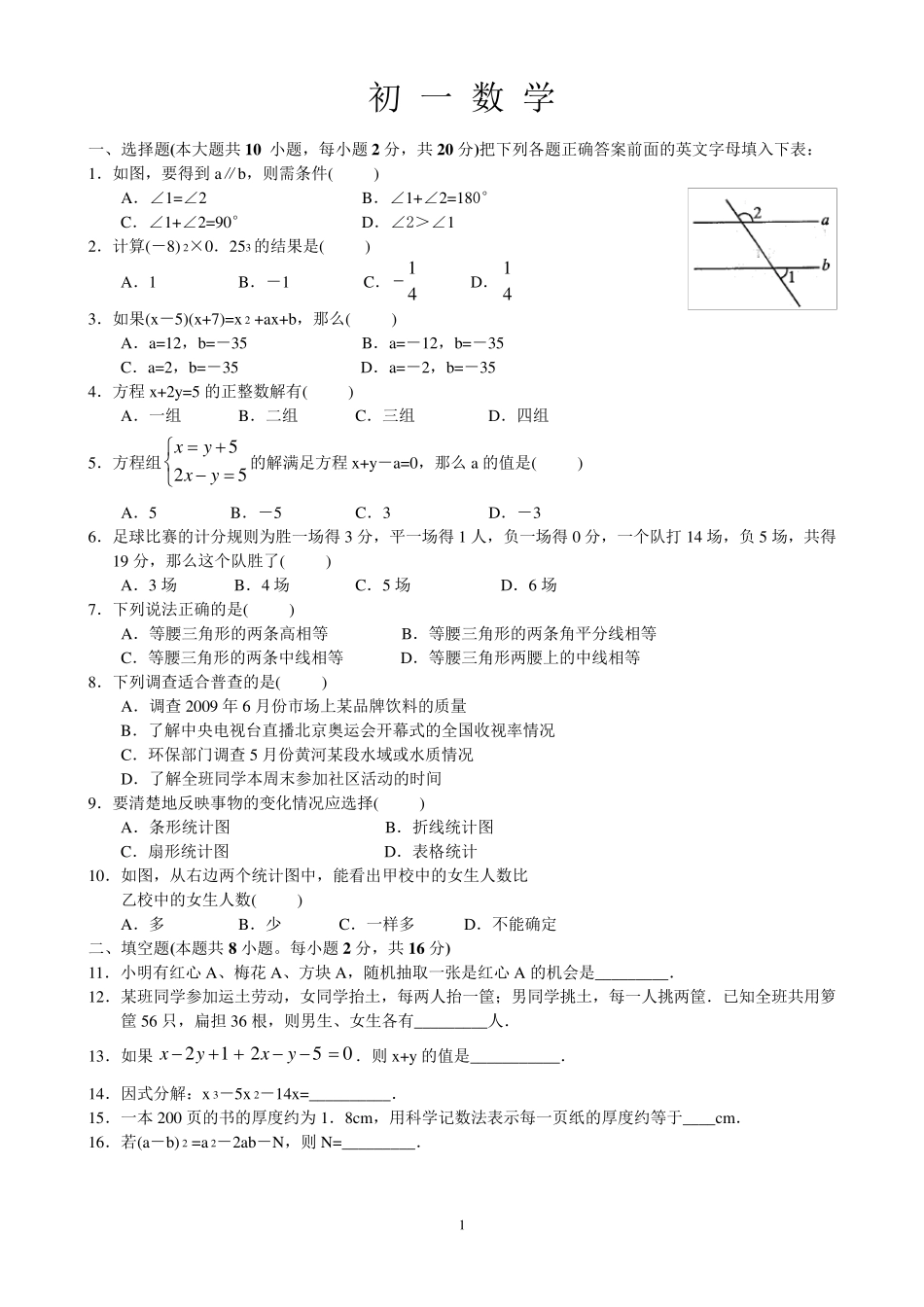 苏教版七年级下期末数学模拟试卷及答案_第1页
