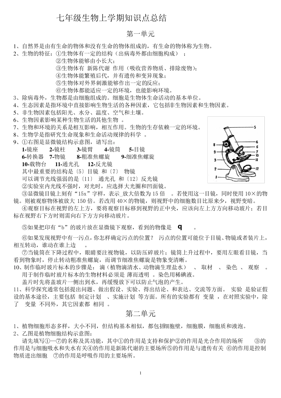 苏教版七年级生物上学期知识点总结_第1页