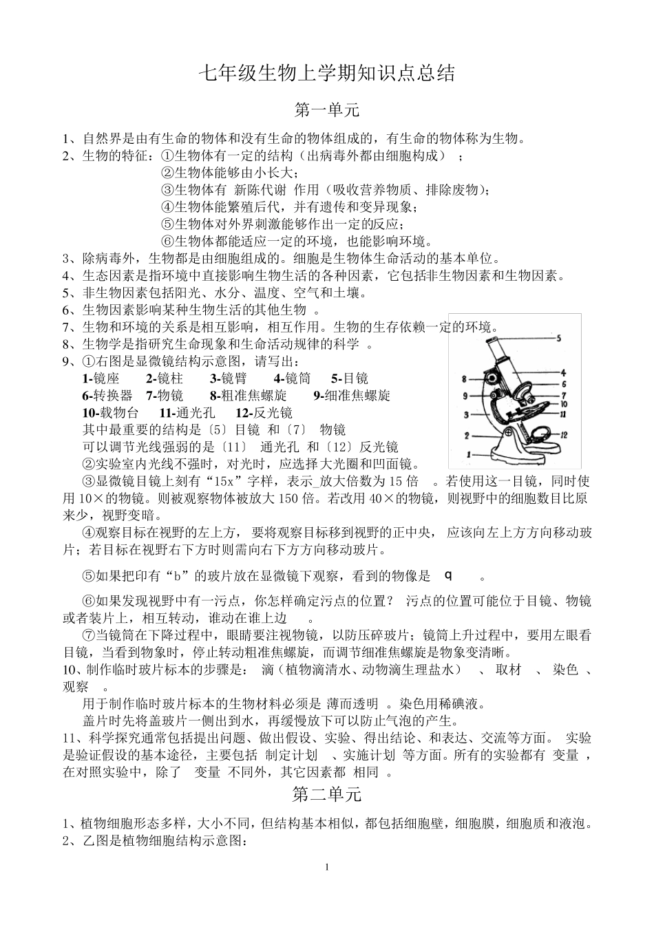 苏教版七年级生物上学期知识点汇总_第1页