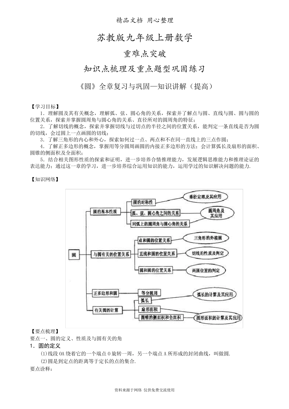 苏教版九年级上册数学[《圆》全章复习与巩固—知识点整理及重点题型梳理](提高版)_第1页