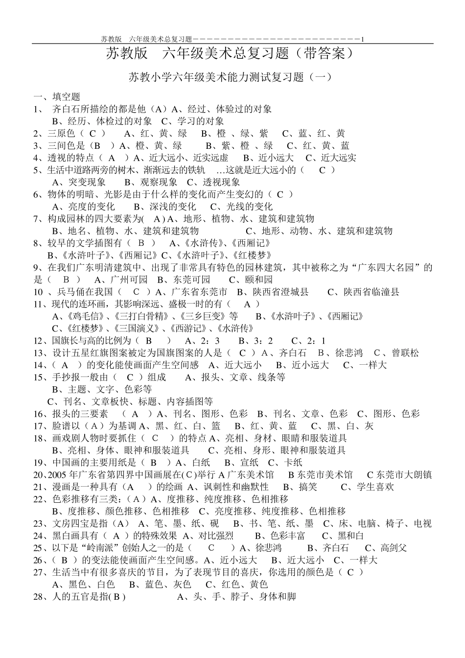 苏教版六年级美术总复习题(5套带答案)_第1页