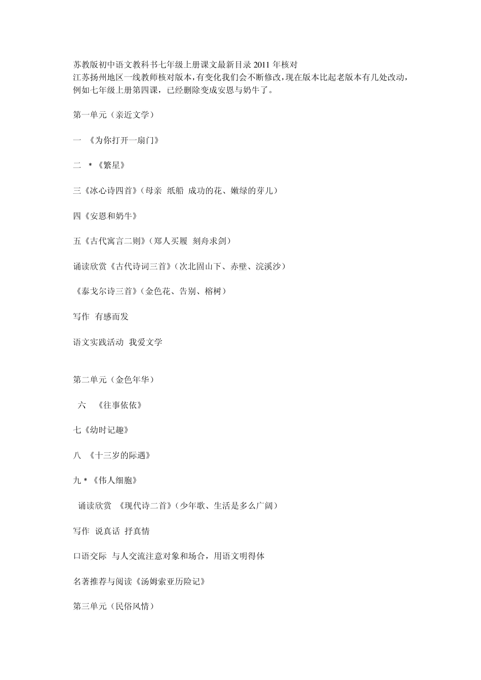 苏教版初中语文目录最新目录2011年核对版_第1页