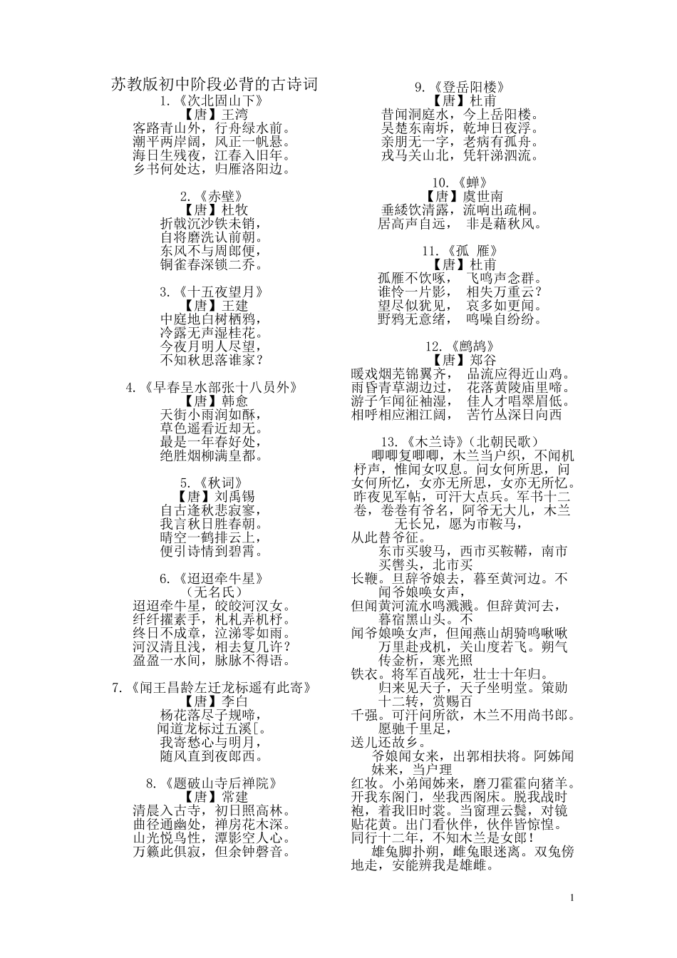 苏教版初中阶段必背的古诗词_第1页