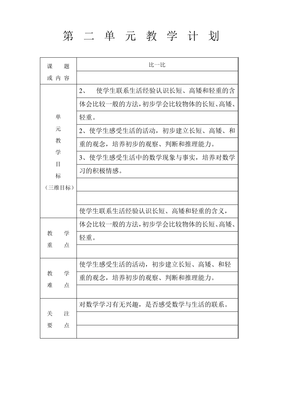 苏教版小学一年级数学单元教学目标_第2页