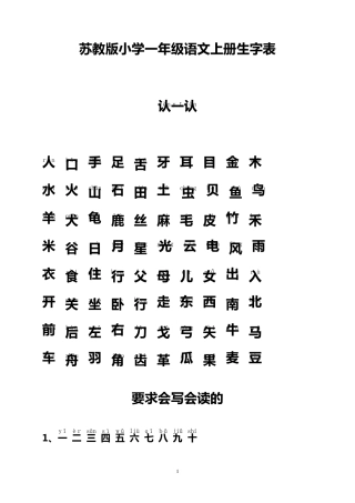 苏教版小学一年级语文上、下册生字表(一、二类字带拼音)