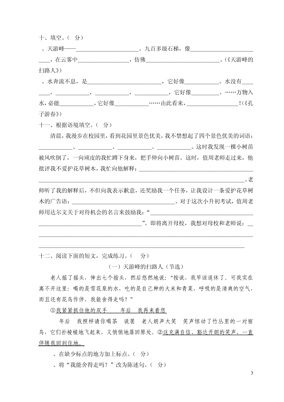 苏教版小学六年级语文下册期末试题_第3页