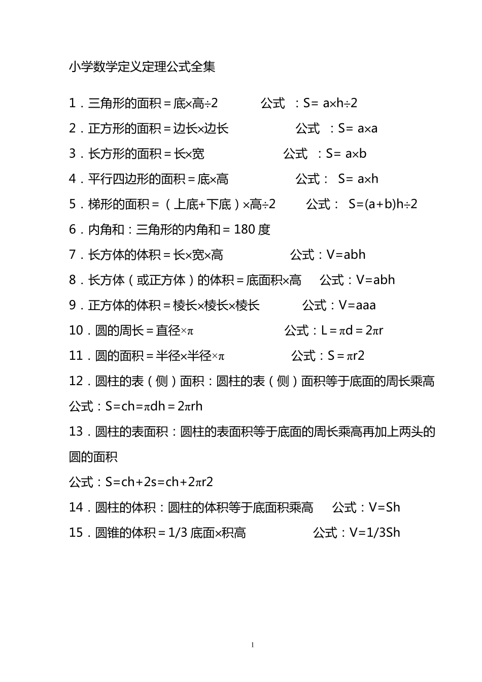苏教版小学数学定理公式大全_第1页