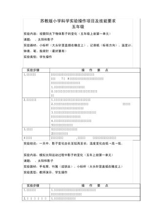 苏教版小学科学实验操作项目及技能要点(五年级)