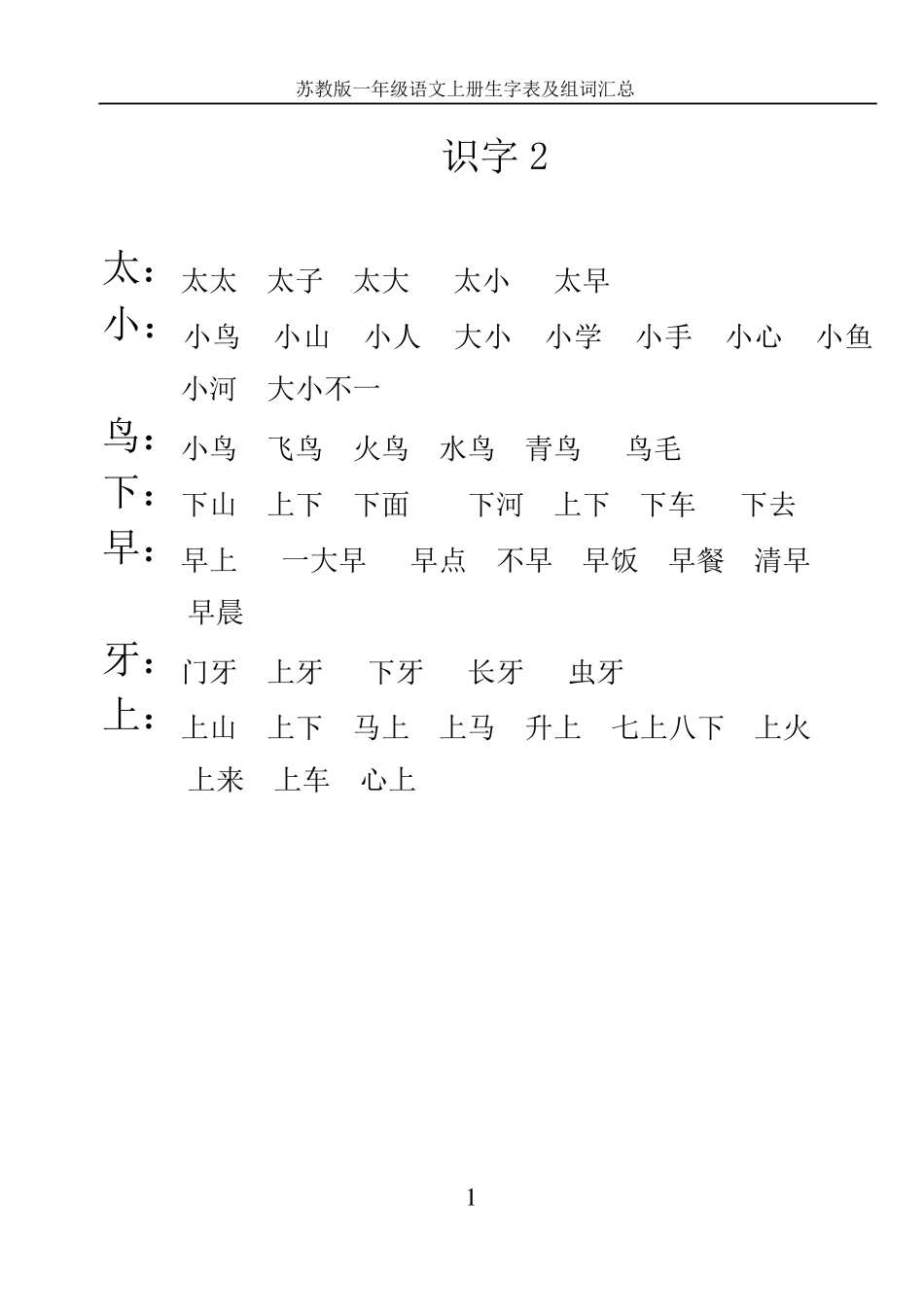 苏教版小学语文一年级上册生字表及组词_第1页