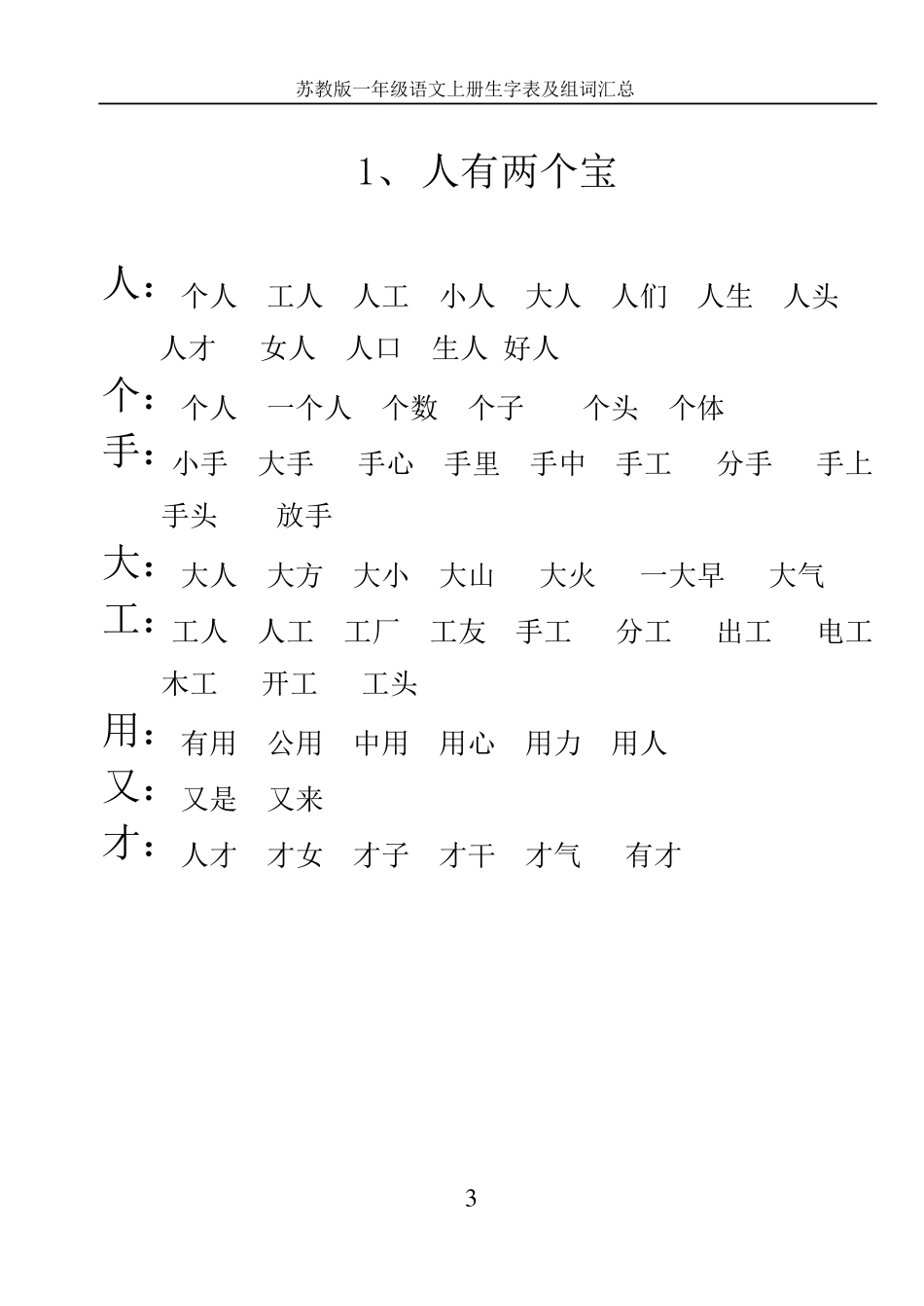 苏教版小学语文一年级上册生字表及组词_第3页