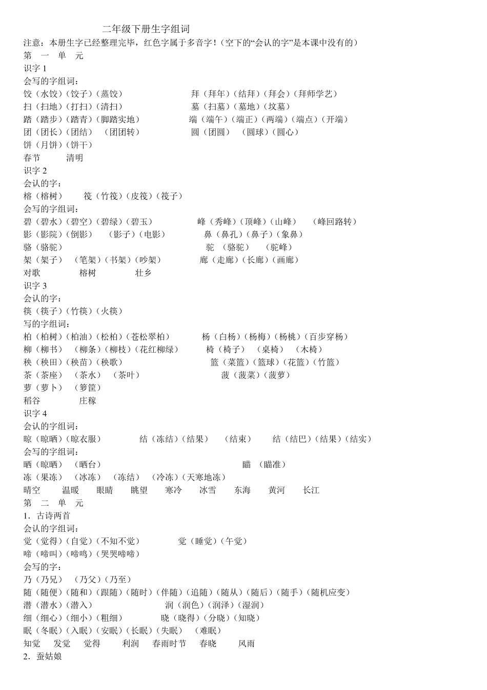 苏教版小学语文二年级下册生字组词_第1页