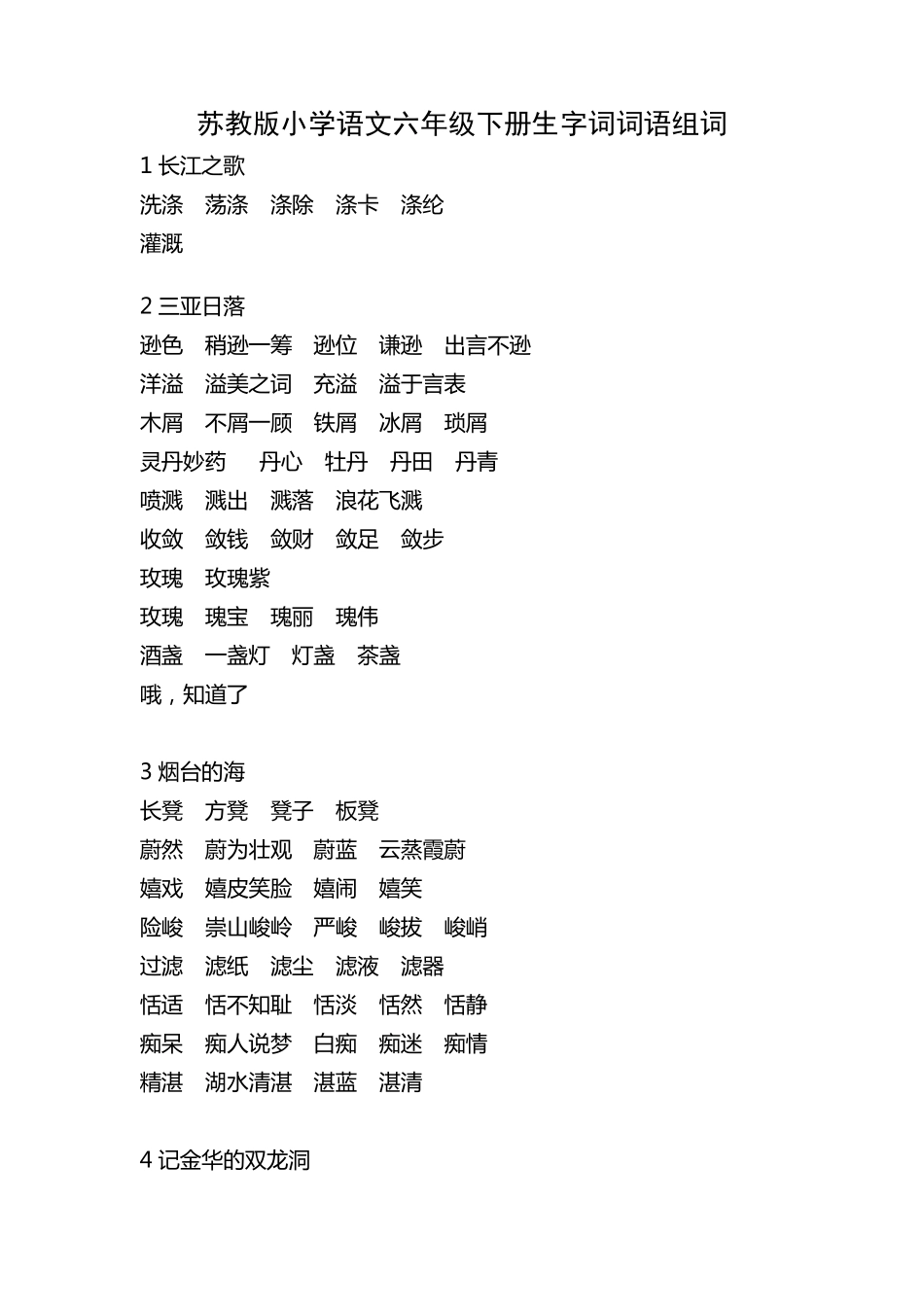 苏教版小学语文六年级下册生字词词语组词_第1页