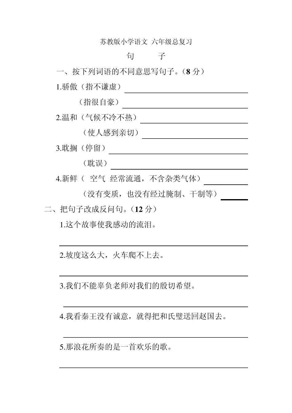 苏教版小学语文六年级总复习(句子)_第1页