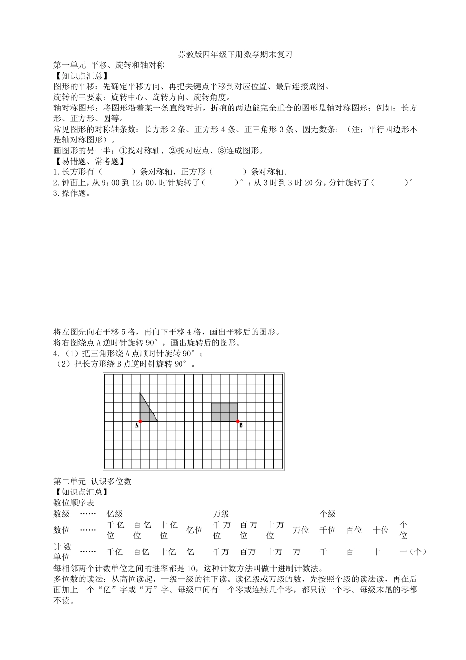 苏教版数学四年级下册期末知识点总结_第1页
