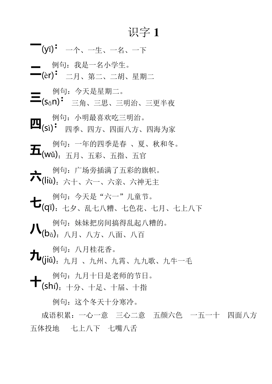 苏教版语文一年级上册生字组词、例句及成语积累_第1页