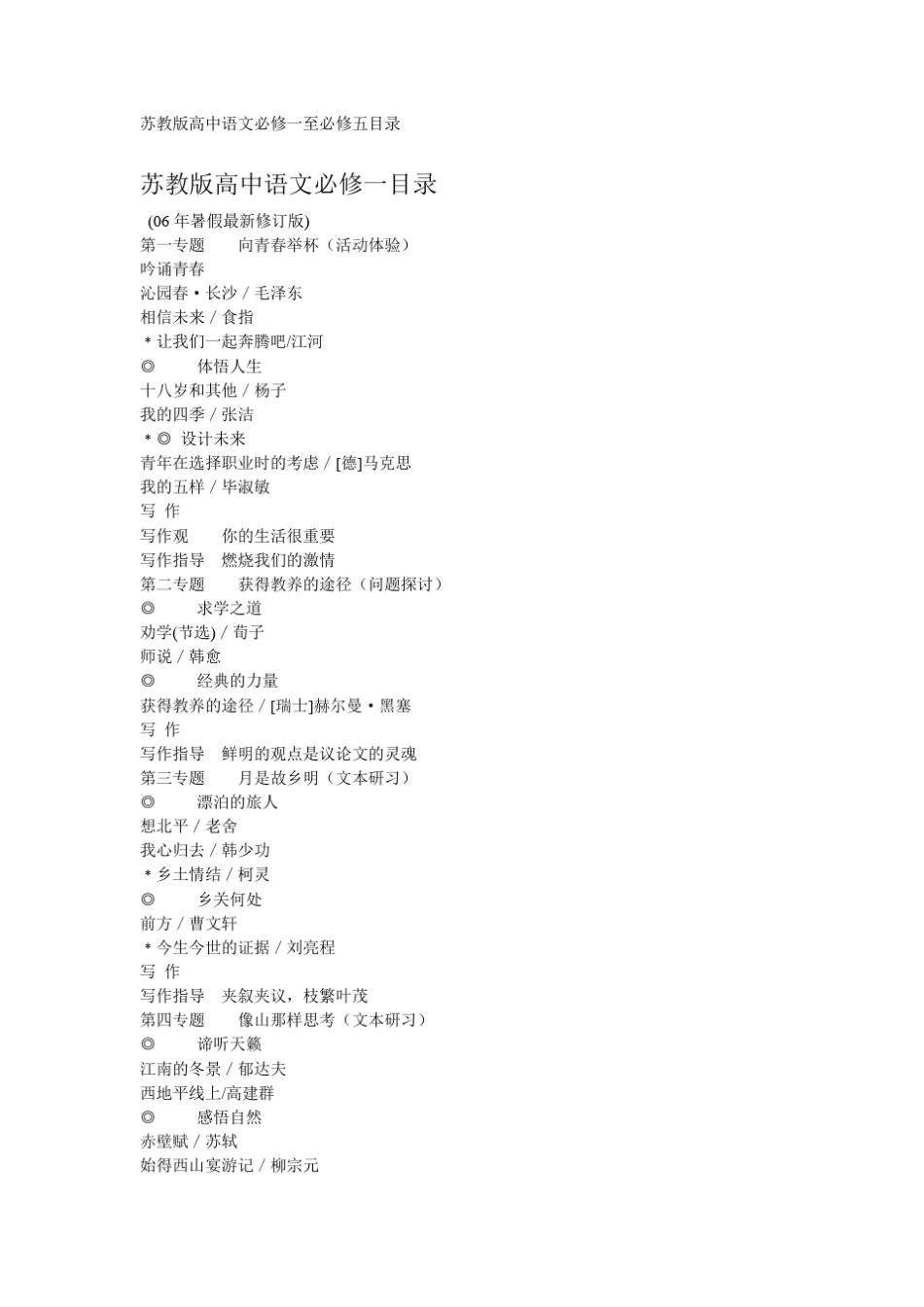 苏教版高中语文必修一至必修五目录_第1页