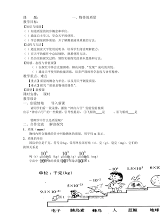 苏科版物理第六章物质的物理属性教案