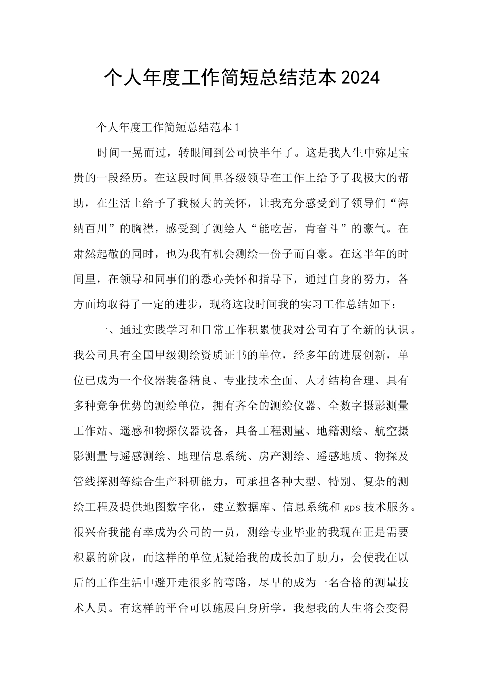 个人年度工作简短总结范本2024_第1页