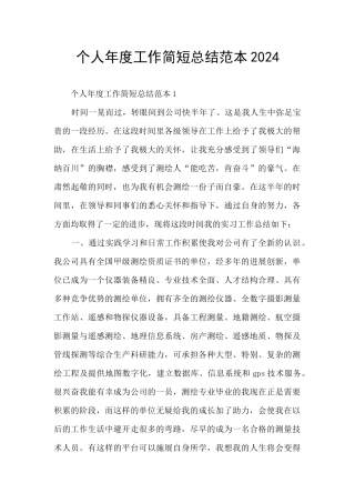 个人年度工作简短总结范本2024