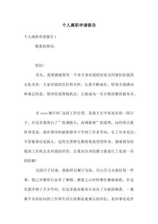 个人离职申请报告