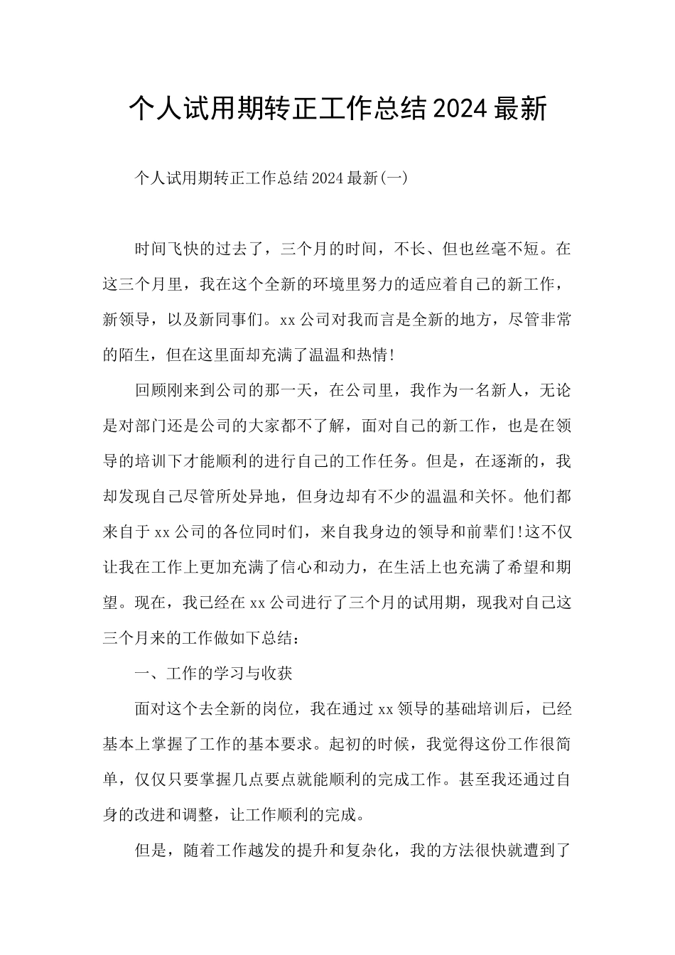 个人试用期转正工作总结2024最新_第1页