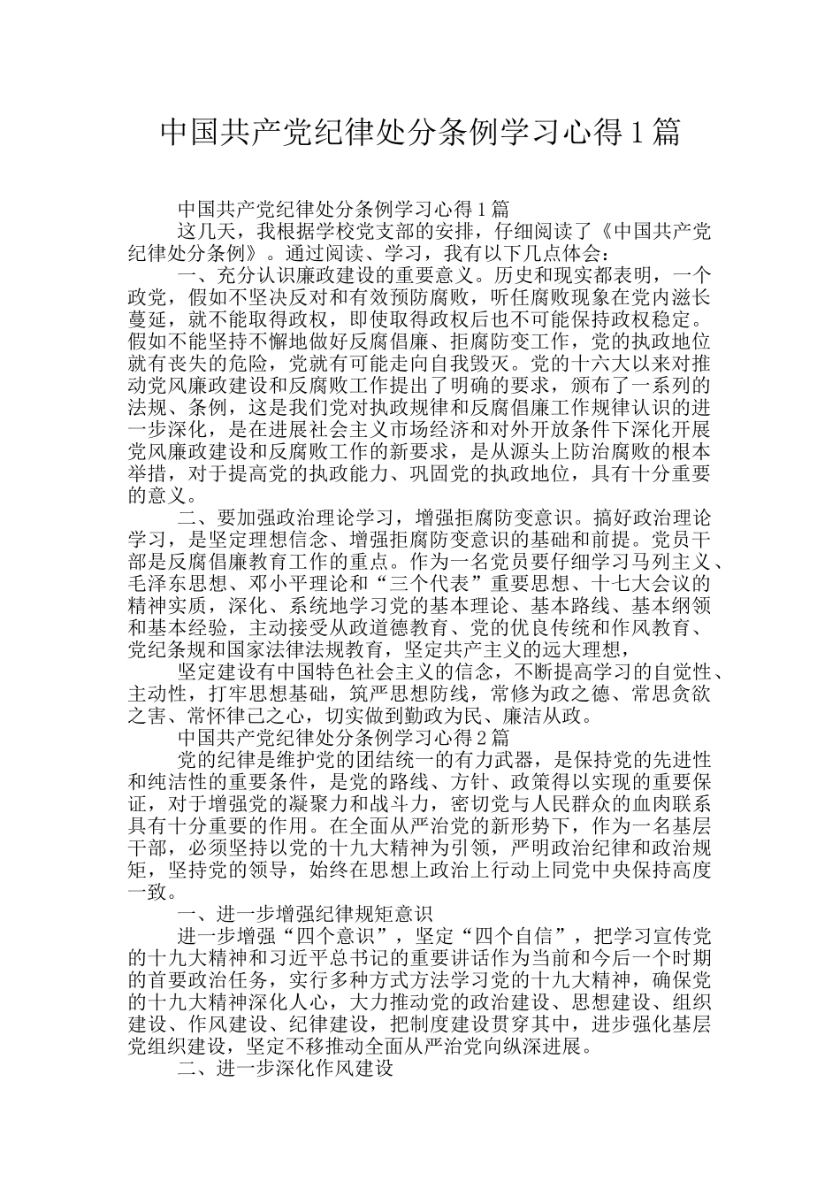 中国共产党纪律处分条例学习心得1篇_第1页