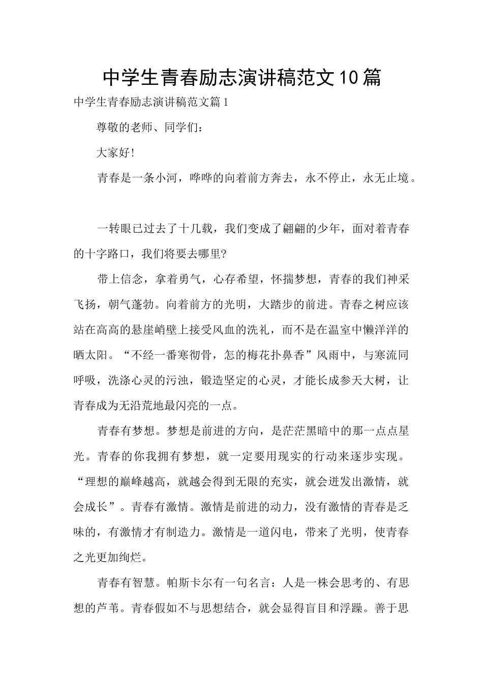 中学生青春励志演讲稿范文10篇_第1页