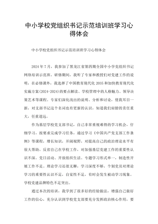 中小学校党组织书记示范培训班学习心得体会