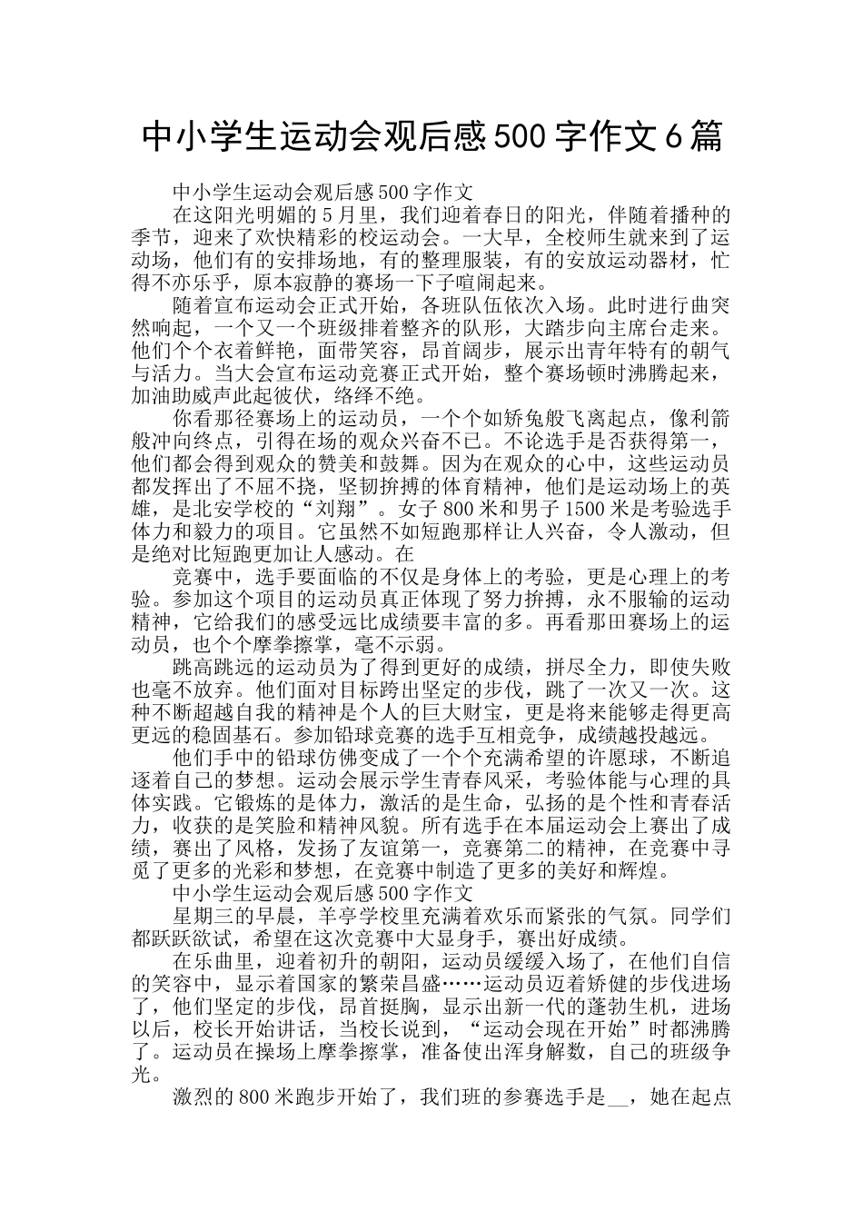 中小学生运动会观后感500字作文6篇_第1页