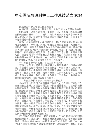 中心医院急诊科护士工作总结范文2024
