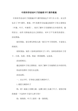 中班科学活动叶子的秘密PPT课件教案