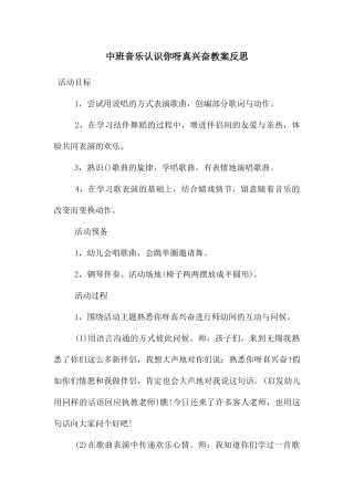 中班音乐认识你呀真高兴教案反思