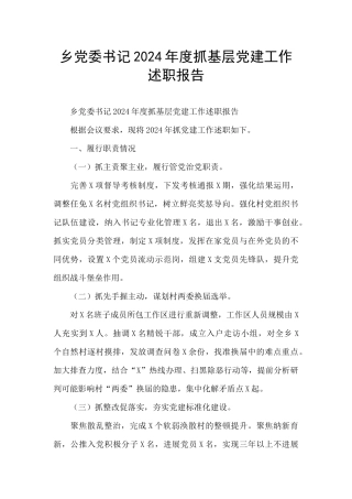 乡党委书记2024年度抓基层党建工作述职报告