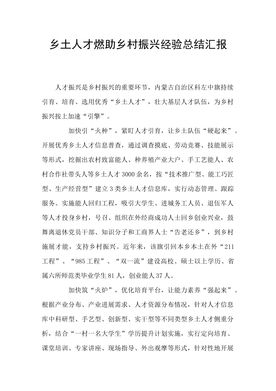 乡土人才燃助乡村振兴经验总结汇报_第1页