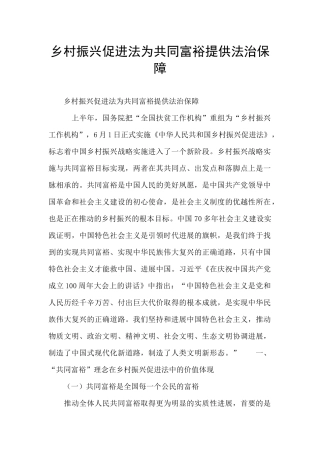 乡村振兴促进法为共同富裕提供法治保障